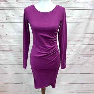 Leith Raspberry Magenta Asymmetrical Side Ruched Long Sleeve Sheath Dress
